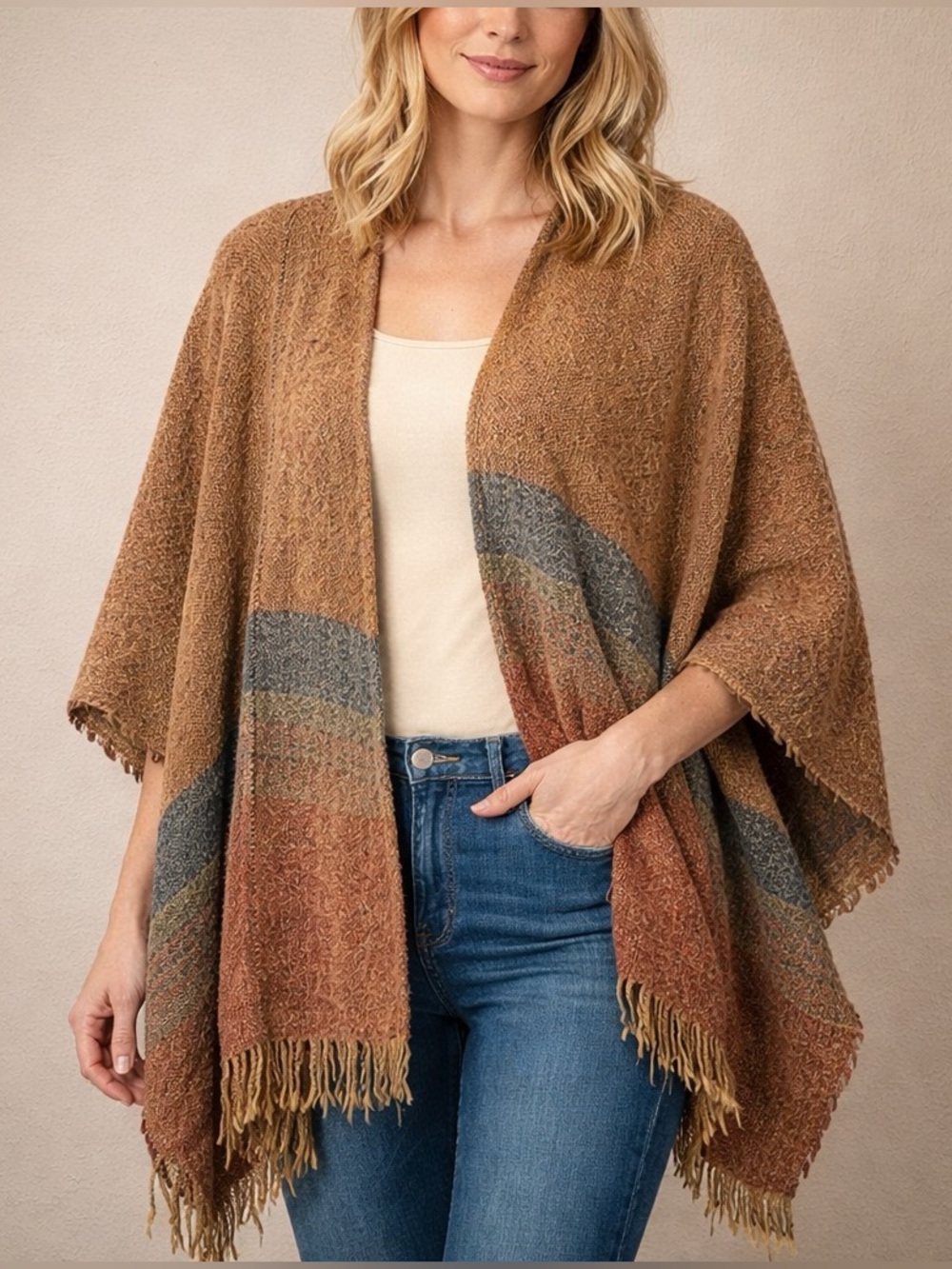 Kerry Woollen Mills Irish Lambswool Celtic Ruana Shawl Poncho Brown